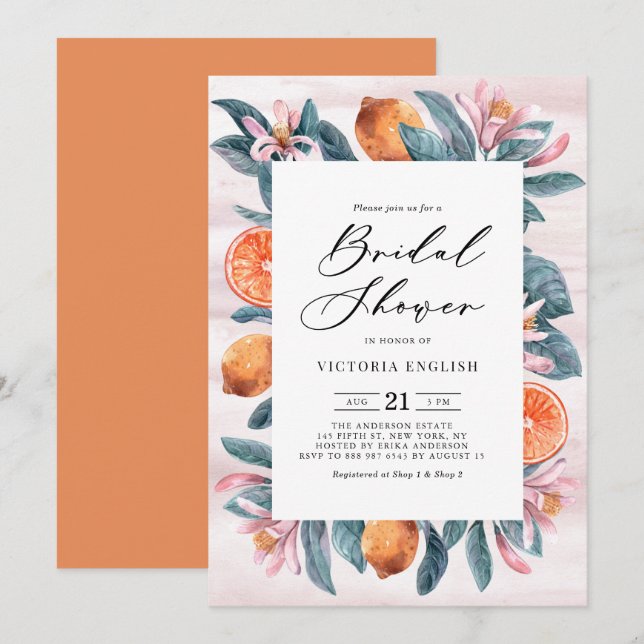 Invitación Naranjas botánicos y ducha de novias con flores ro (Anverso / Reverso)
