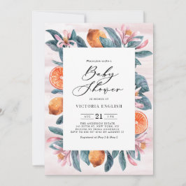 Invitación Naranjas botánicos y flores rosadas Baby Shower