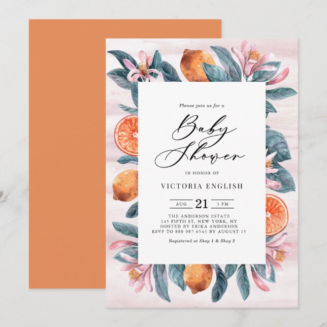 Invitación Naranjas botánicos y flores rosadas Baby Shower (Anverso / Reverso)