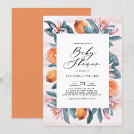 Invitación Naranjas botánicos y flores rosadas Baby Shower
