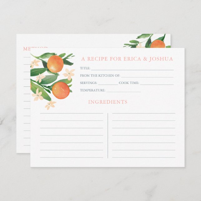 Invitación Naranjas Cartas de recetas de ducha de novia que c (Anverso / Reverso)