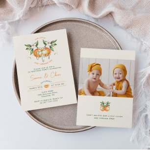 Invitación Naranjas Cítricos Pequeños Cute Gemelos Foto Cumpl