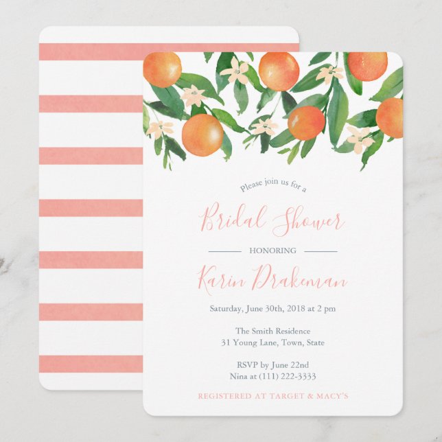 Invitación Naranjas Citrus Fruit Coral Pink Bridal Shower (Anverso / Reverso)