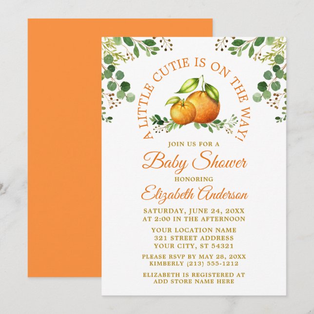 Invitación Naranjas De Acuarela Vegetación Una Pequeña Ducha  (Anverso / Reverso)