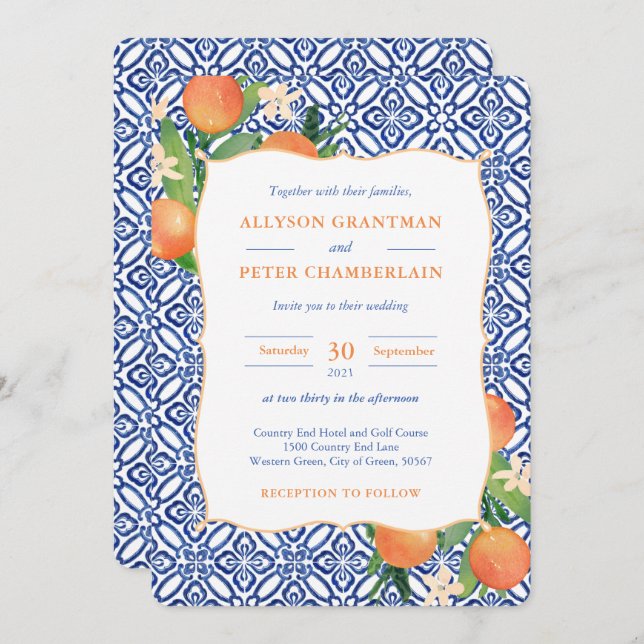 Invitación Naranjas de Baldosas Azules Positano Boda Citrus (Anverso / Reverso)