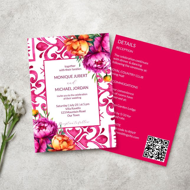 Invitación Naranjas de baldosas de la fucsia mallónica todas  (Fuchsia Majolica tiles orange pink peonies all in one wedding template Invitation digital download)