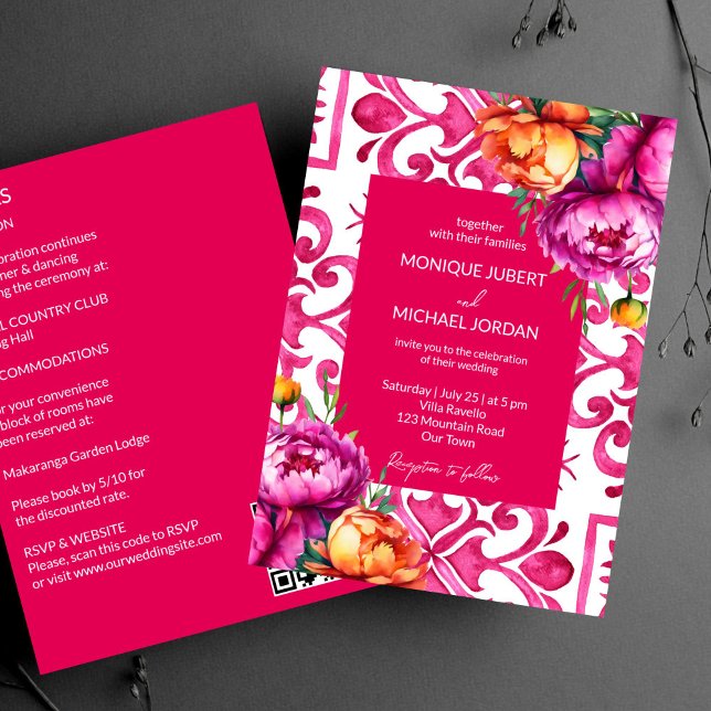 Invitación Naranjas de baldosas de la fucsia mallónica todas  (Fuchsia Majolica tiles orange peonies all in one template Invitation digital download QR RSVP detail)