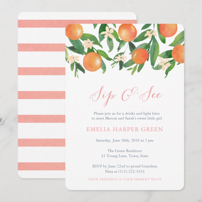 Invitación Naranjas de cítricos Sip y See Fiesta, niña (Anverso / Reverso)
