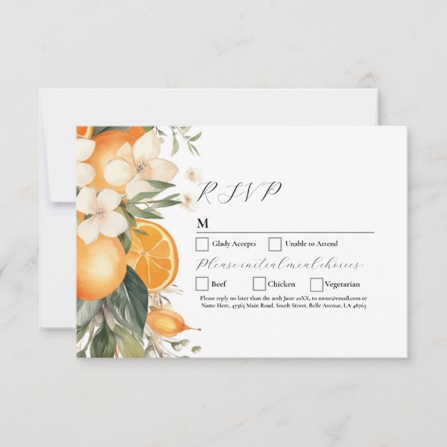 Invitación Naranjas de Flores de Boda RSVP Florals (Anverso)