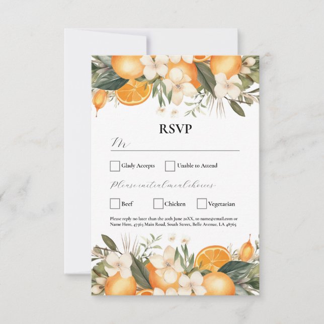 Invitación Naranjas de flores de boda RSVP Florals de frutas (Anverso)