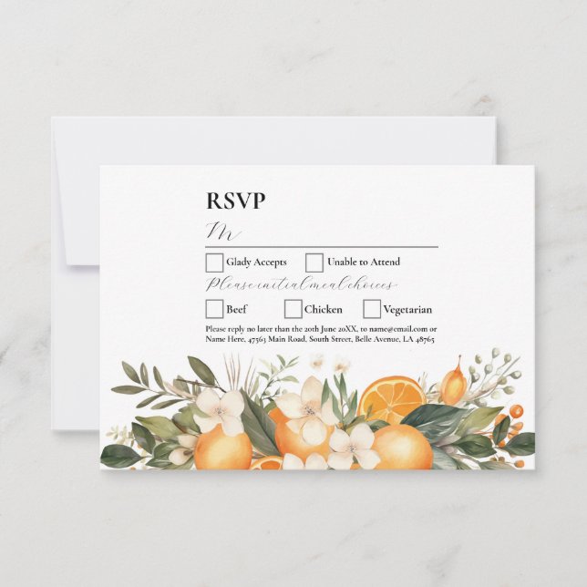 Invitación Naranjas de flores de boda RSVP Florals de frutas (Anverso)