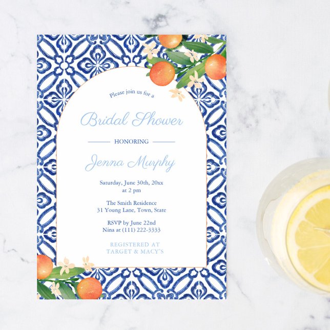 Invitación Naranjas de forma arco Baldosas azules Fiesta de d (Subido por el creador)