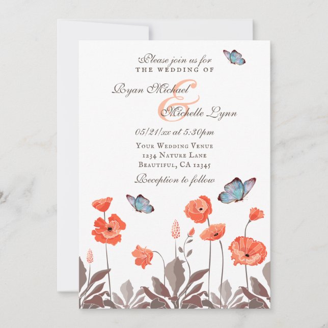 Invitación Naranjas de papas y mariposas azules Boda floral (Anverso)