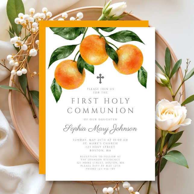 Invitación Naranjas Elegantes Primera Comunión Santa (Elegant Oranges First Holy Communion Invitation)
