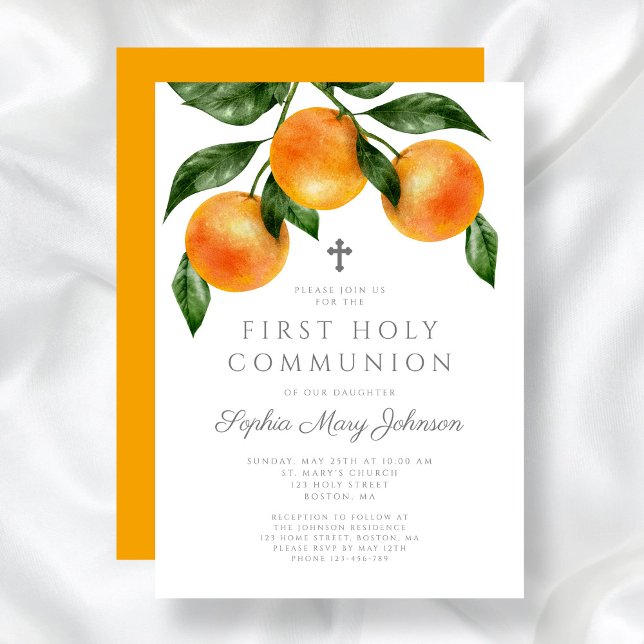 Invitación Naranjas Elegantes Primera Comunión Santa (Elegant Oranges First Holy Communion Invitation)