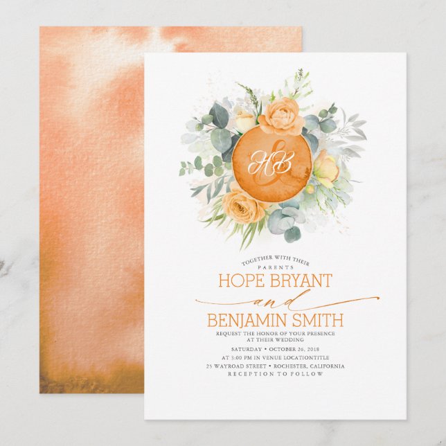 Invitación Naranjas Flores y Eucalyptus Greenery Boda (Anverso / Reverso)
