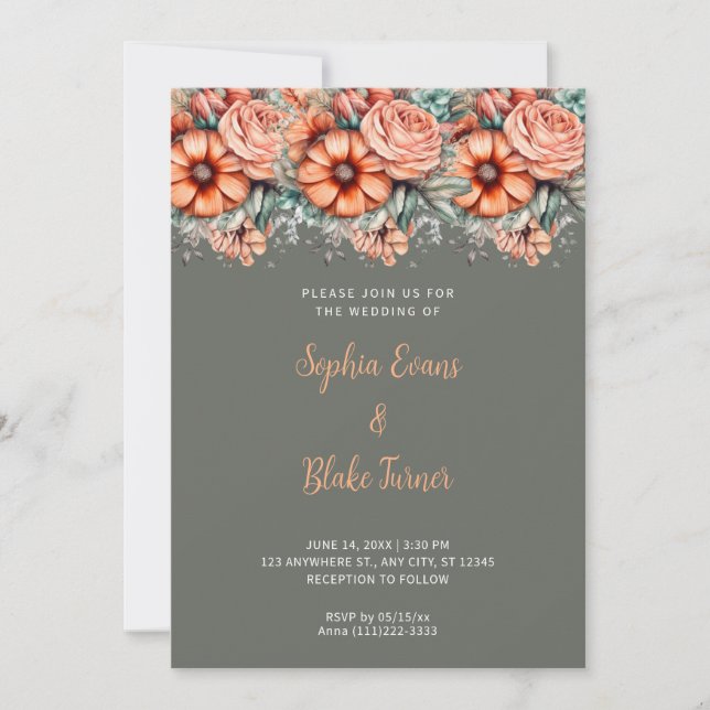 Invitación Naranjas Flores y verde Boda (Anverso)