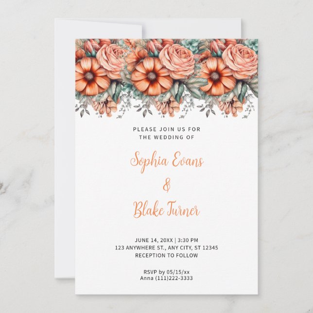 Invitación Naranjas Flores y verde Boda blanco (Anverso)
