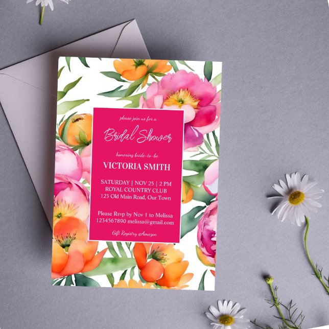 Invitación Naranjas magenta rosa peonías de la elegante ducha (Bold Pink magenta orange peonies elegant bridal shower editable template invitation digital download)