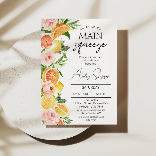 Invitación Naranjas modernos Lemons Main Squeeze Bridal Showe (Citrus themed she found her main squeeze bridal shower invitation with lemon, oranges and flowers.)