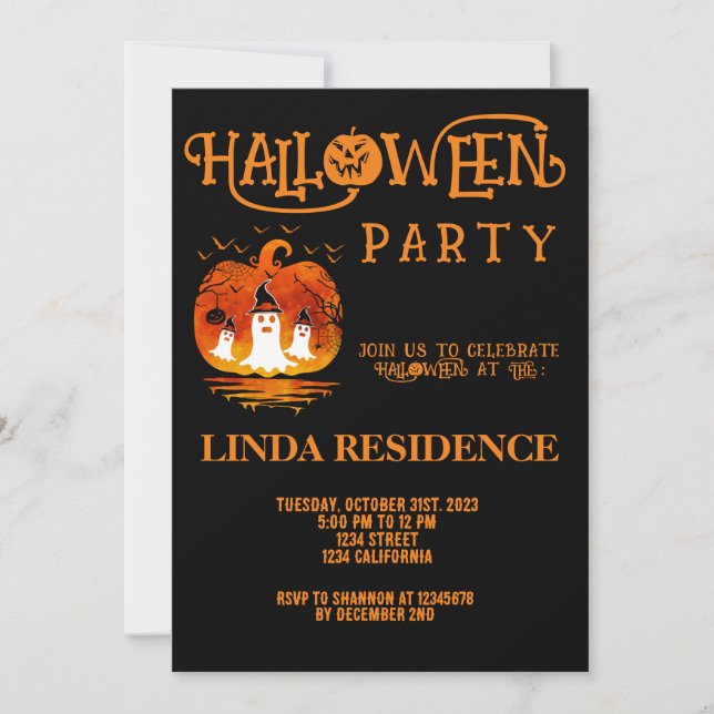 Invitación Naranjas negros de calabaza moderna Feliz Hallowee (Anverso)