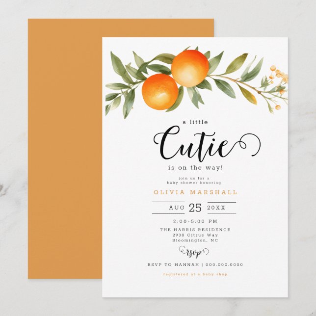 Invitación Naranjas Pequeño Cutie Baby Shower (Anverso / Reverso)