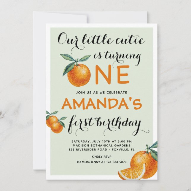 Invitación Naranjas Primer cumpleaños un poco curado (Anverso)