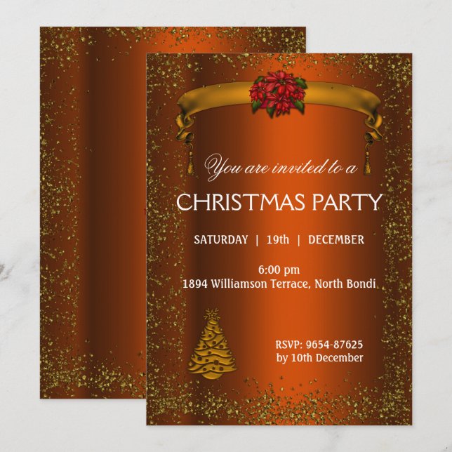 Invitación Naranjas quemados y Navidades Purpurinas de oro (Anverso / Reverso)