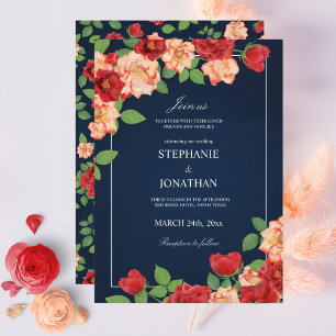 Invitación Naranjas Rosas Floral Boda de la Marina Azul Rojo