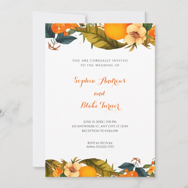 Invitación Naranjas tropicales y flores Boda blanco (Anverso)