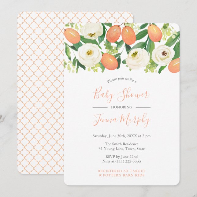 Invitación Naranjas White Moroccan Quatrefoil Baby Shower (Anverso / Reverso)
