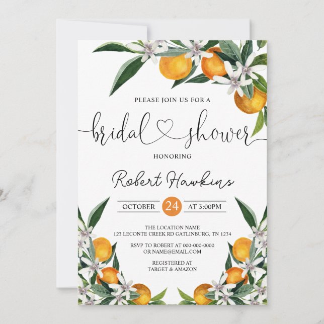 Invitación Naranjas y duchas de la novia del limón (Anverso)