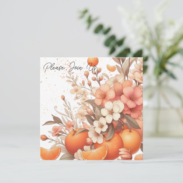 Invitación Naranjas y Flores Cítricas Dulces Neutras (Anverso de pie)