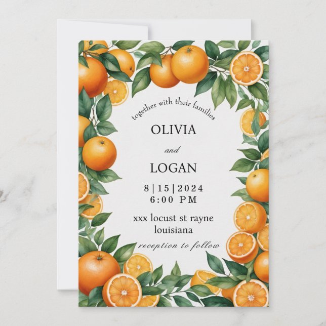 Invitación Naranjas Y Hojas, Vibrante Boda Naranja (Anverso)