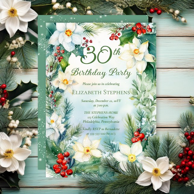 Invitación Narciso | Fiesta de cumpleaños floral de Holly 30  (Narcissus, Holly and Berries Winter Floral 30th Birthday Party Invitation - Print | Digital)