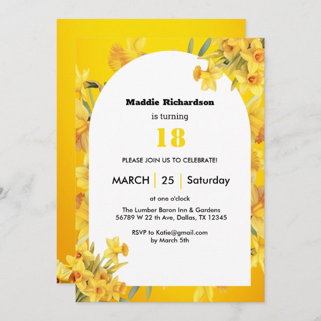 Invitación Narciso Flor de Cumpleaños de Marzo personalizable (Anverso / Reverso)