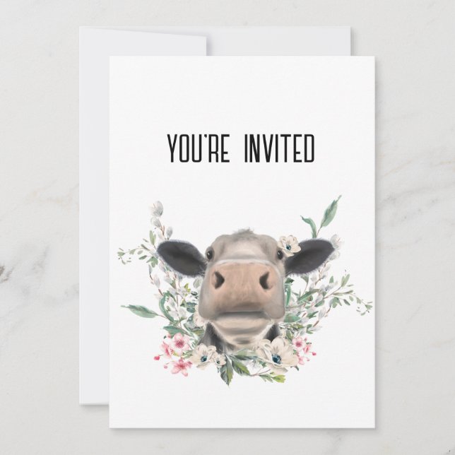 Invitación nariz de vaca besa flores acuarela gris animal de  (Anverso)