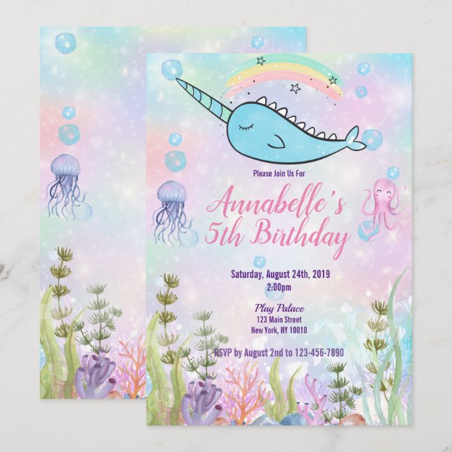 Invitación Narwhal acuarela bajo el mar (Anverso / Reverso)