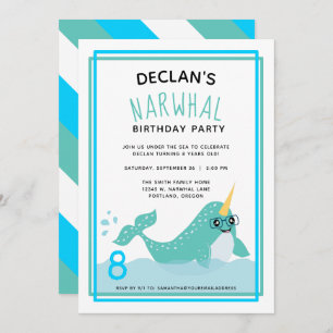 Invitación Narwhal azul bajo la fiesta de cumpleaños del Océa
