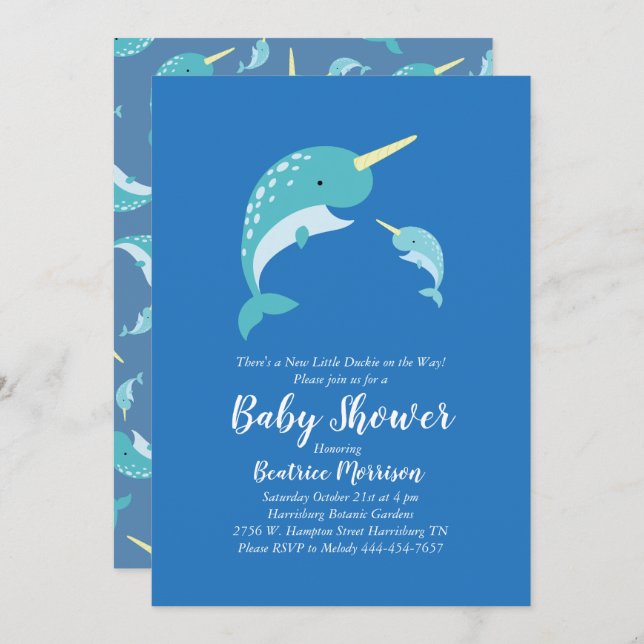 Invitación Narwhal Baby Shower Blue Boy Whale (Anverso / Reverso)