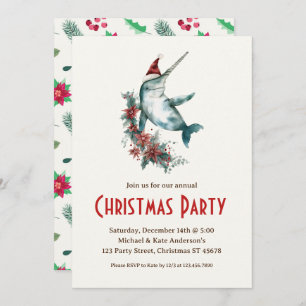 Invitación Narwhal en un Fiesta de Navidades de Santa Hat Poi