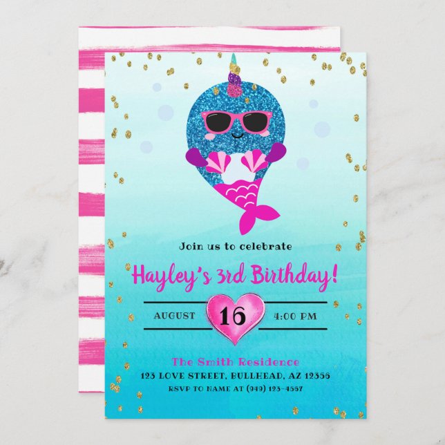 Invitación Narwhal Mermaid Chicas Purpurina acuarela verano (Anverso / Reverso)