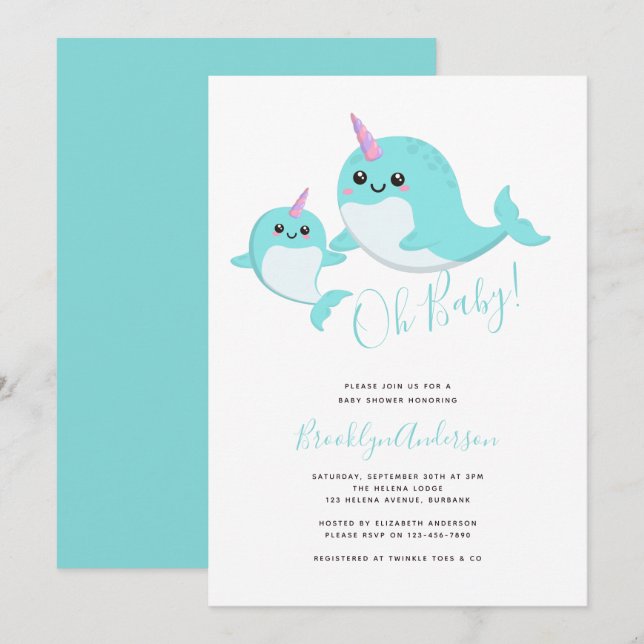 Invitación Narwhal Oh Baby Gender Neutral Baby Shower (Anverso / Reverso)