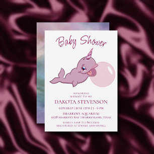 Invitación Narwhal Pink   Girly Kawaii Chibi Bubblegum Shower