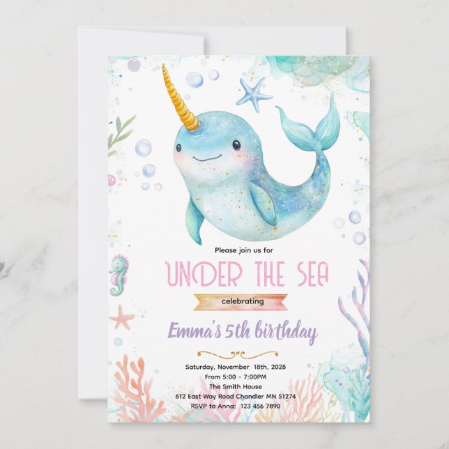 Invitación Narwhal theme party invitation (Anverso)