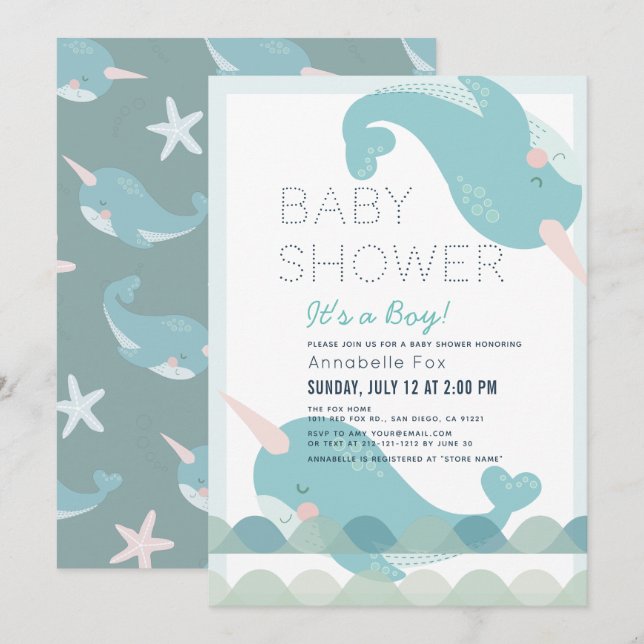 Invitación Narwhal Waves Sea Blue Boy Baby Shower (Anverso / Reverso)