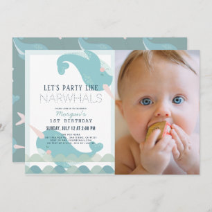 Invitación Narwhal Waves Sea Blue Boy foto de primer cumpleañ