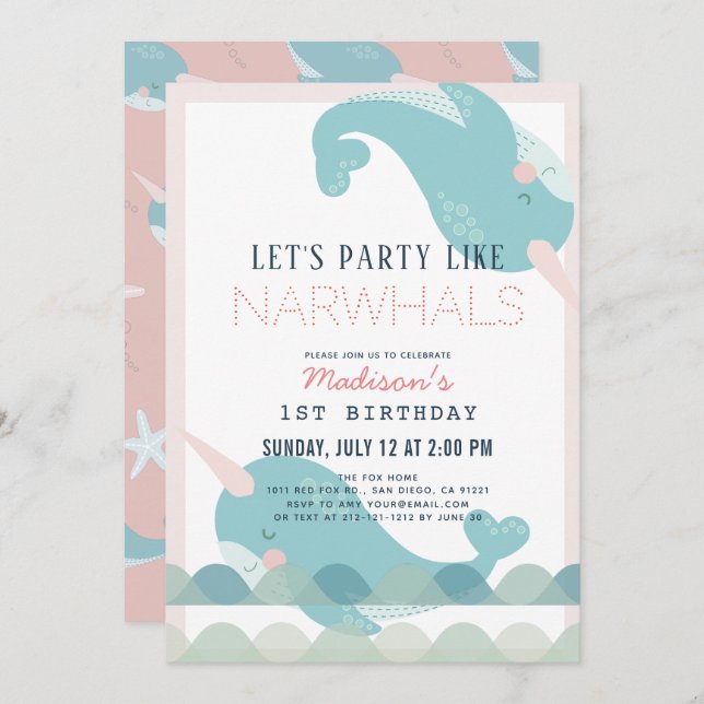 Invitación Narwhal Waves Sea Chica Rosa Primer cumpleaños (Anverso / Reverso)