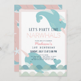 Invitación Narwhal Waves Sea Chica Rosa Primer cumpleaños