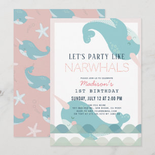 Invitación Narwhal Waves Sea Chica Rosa Primer cumpleaños